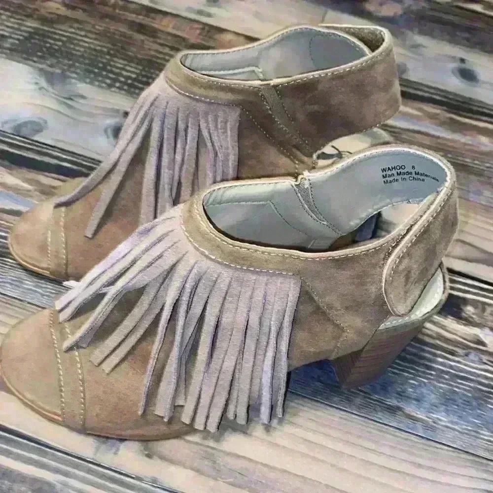 Corkys Taupe Suede Fringe Open-Toe Ankle Booties